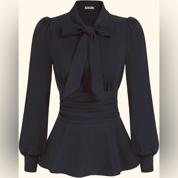 Grace Karin Peplum Long Sleeve Black Blouse‎ with Tie Collar L - Picture 1 of 6